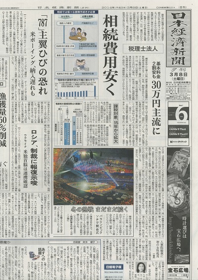 【新聞】日本経済新聞3/8夕刊の一面に掲載されました。